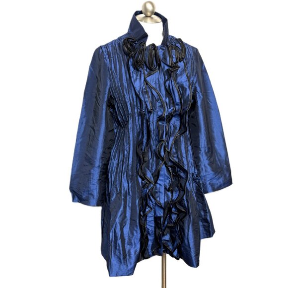 Jerry T  Royal Blue Iridescent  Coat w/  Ruffle and loose pleating Size - Picture 2 of 12